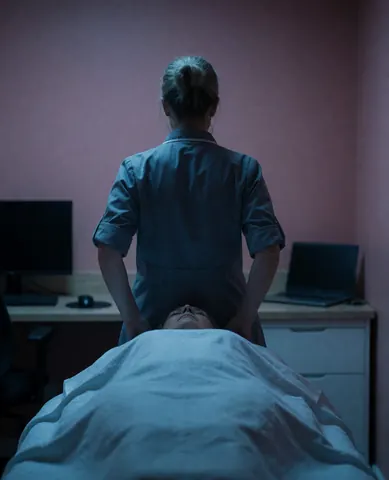 Therapist preparing a facial massage on a client lying on a treatment table in a salon with pink walls and blue lights