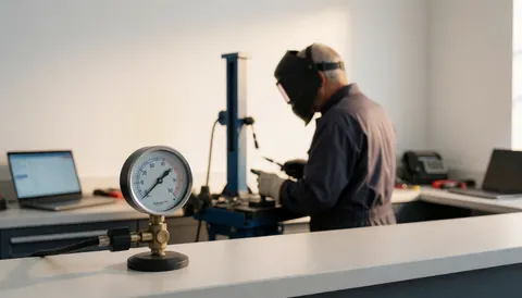 Close-up of a digital pressure gauge in a bike workshop with a mechanic working on a bicycle repair using modern equipment and tools.