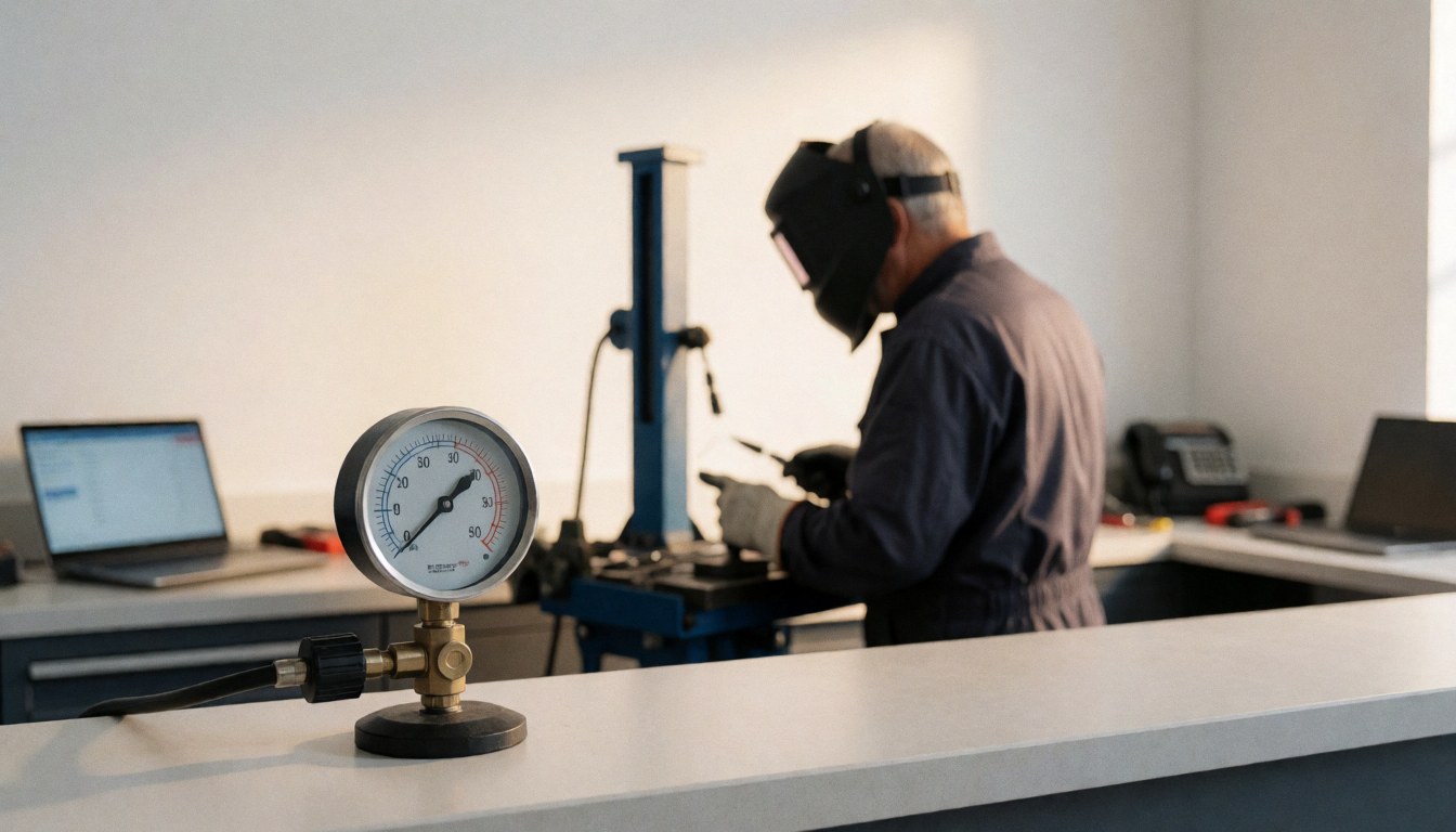 Close-up of a digital pressure gauge in a bike workshop with a mechanic working on a bicycle repair using modern equipment and tools.