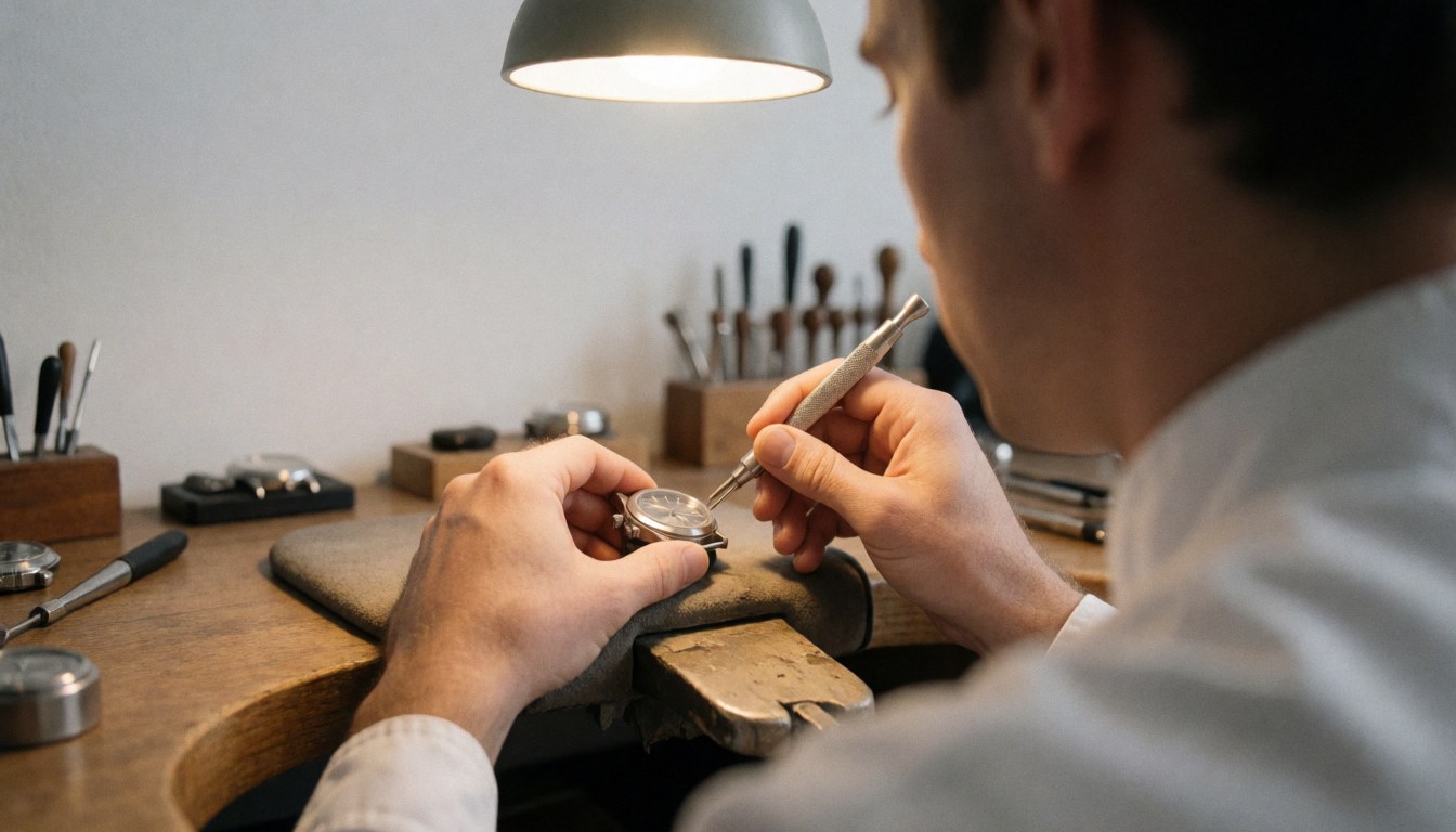 A watch repair technician working on a watch with tools in a workshop under warm task lighting