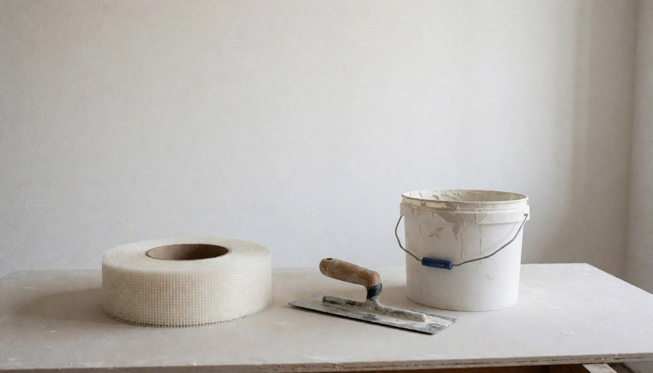 A roll of fiberglass mesh tape and a trowel resting on a sheet of drywall board for plastering and wall finishing work