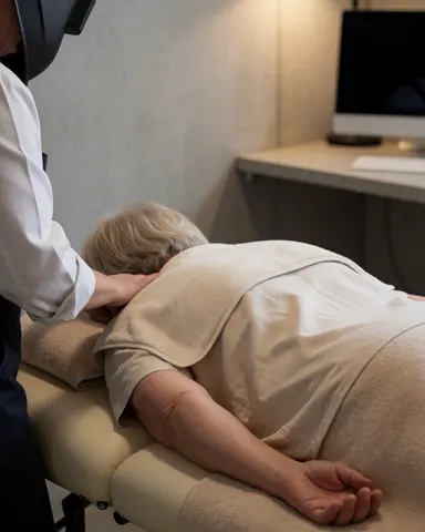 A therapist applies gentle pressure to a client's neck using a warm towel in a professional clinic setting with soft lighting.
