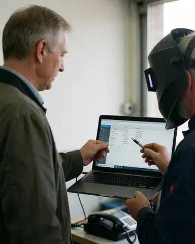 Mechanic wearing a welding helmet reviews engine data on a laptop with a client in a workshop.