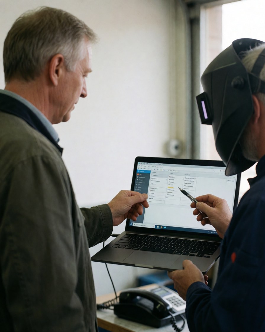 Mechanic wearing a welding helmet reviews engine data on a laptop with a client in a workshop.