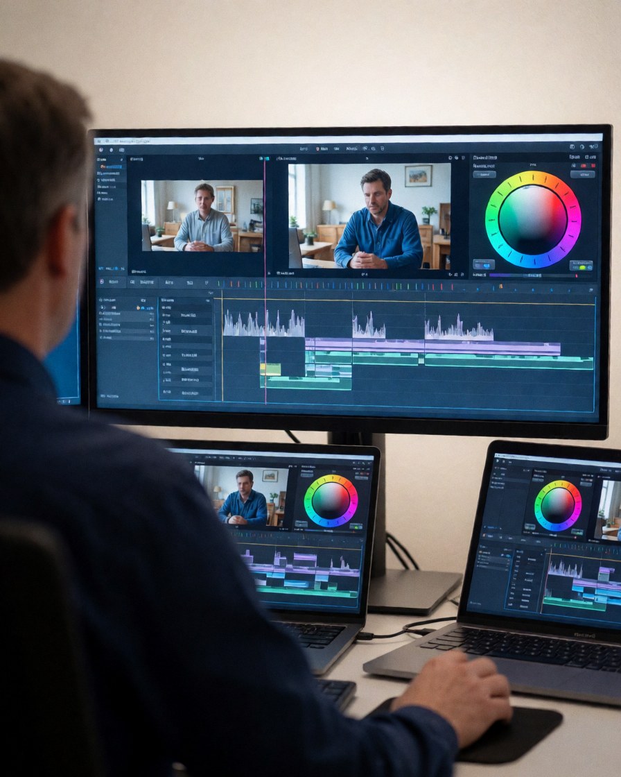 Video editor working on multiple screens in a modern studio