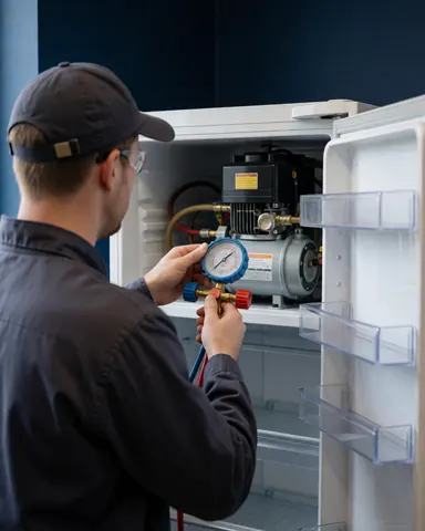 Technician with glasses and cap checking refrigerator compressor with a pressure gauge against a dark blue wall during appliance repair service.