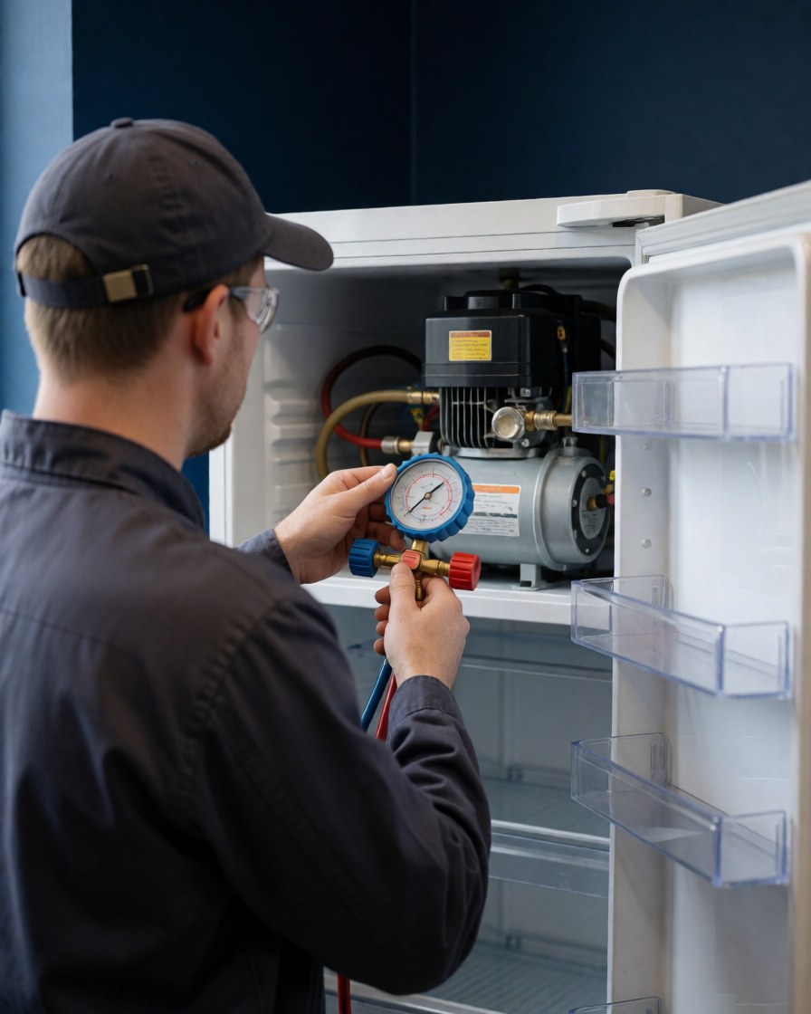 Technician with glasses and cap checking refrigerator compressor with a pressure gauge against a dark blue wall during appliance repair service.