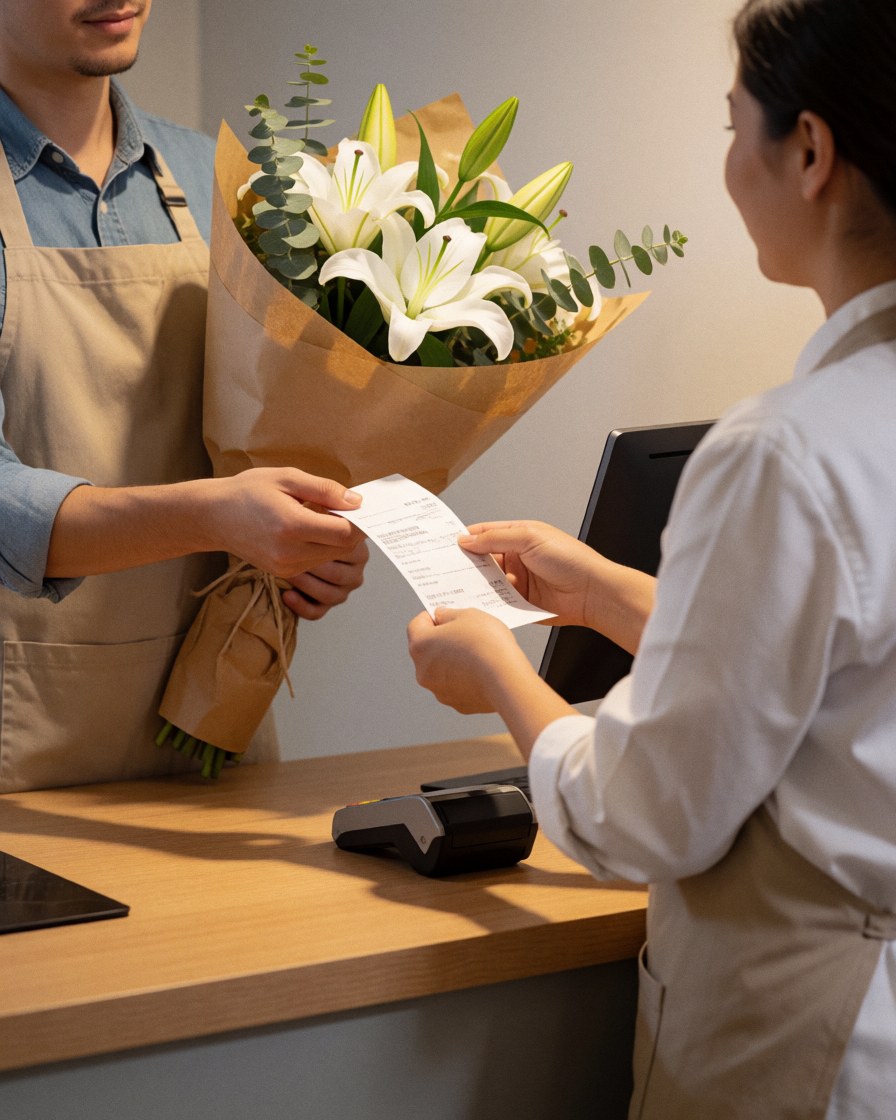 A florist in a beige apron hands an invoice to a customer holding a bouquet of white lilies and eucalyptus at a light wood point of sale counter.