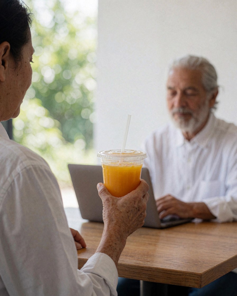 A relaxed person sipping a beverage with a straw at a wooden table in a bright cafe with white walls and greenery.