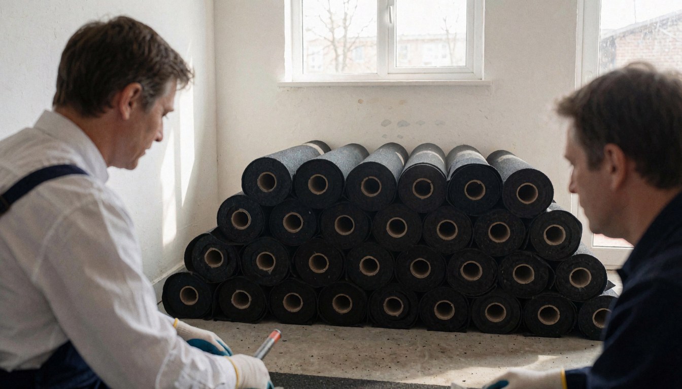 Two workers wearing gloves and holding tools standing in front of a stack of asphalt rolls in a construction room with natural light.