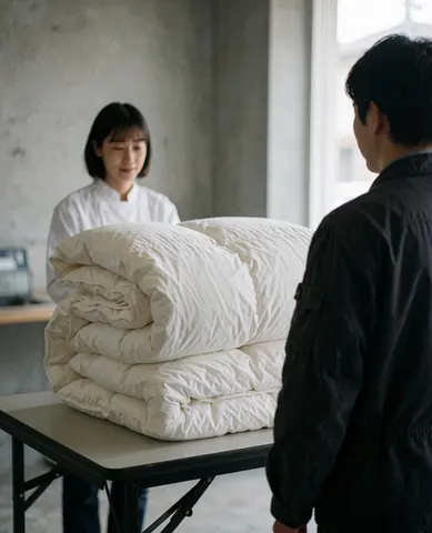 A satisfied customer examines clean white duvets on a folding table inside a laundromat with concrete walls and natural light.