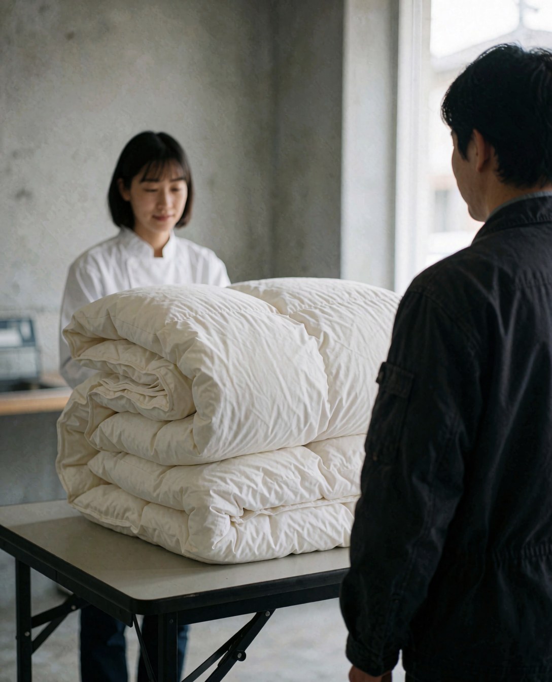 A satisfied customer examines clean white duvets on a folding table inside a laundromat with concrete walls and natural light.