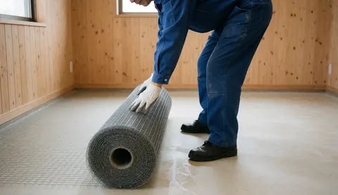 Worker installing reinforcement mesh on prepared subfloor for cork flooring installation in a room with wood walls