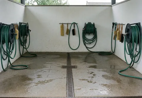 Horse washing station featuring concrete flooring, a drainage grate, and green hoses hanging on white walls.