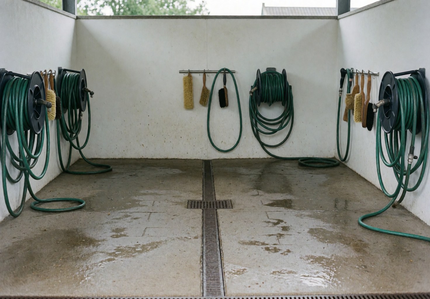 Horse washing station featuring concrete flooring, a drainage grate, and green hoses hanging on white walls.