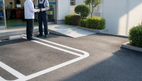 Two people standing in a tire shop near an access ramp, white pavement markings, green bushes, and the store entrance