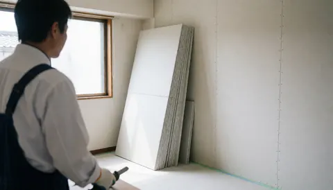 A construction worker holding drywall panels and a cutting tool in a room with new walls and natural light, suitable for wall repair services.