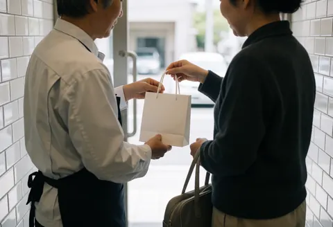 Reflexologist in uniform hands a white bag to a client at a tiled entrance with natural light