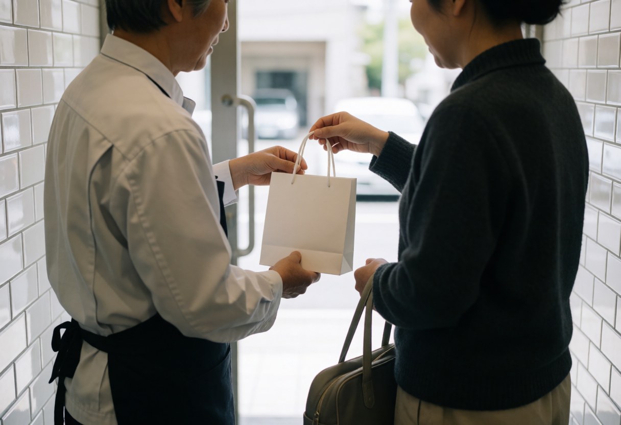 Reflexologist in uniform hands a white bag to a client at a tiled entrance with natural light