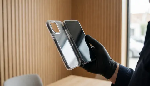 Close-up of a hand wearing a black glove carefully fitting a transparent protective case onto a mobile phone against a light wood slat wall.