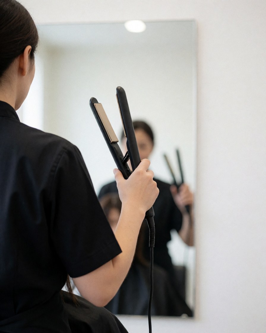 Professional stylist using a hair straightener in a salon, reflected in a mirror against a white wall