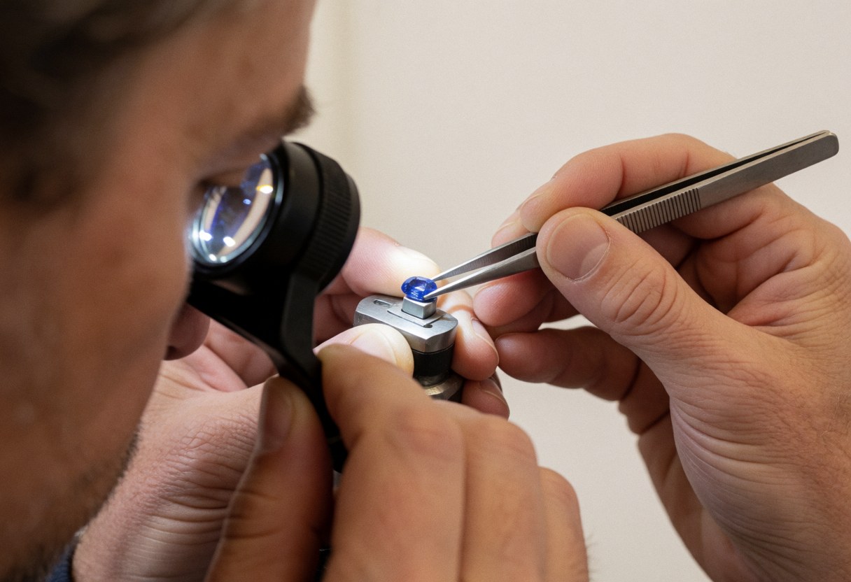 Close-up of a hand using tweezers to inspect a blue sapphire with a handheld magnifying glass on a metal stand against a white wall for jewelry repair.