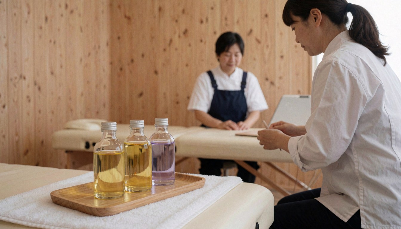 A tray holding three bottles of massage oil rests on a white towel atop a massage table in a light wood salon.