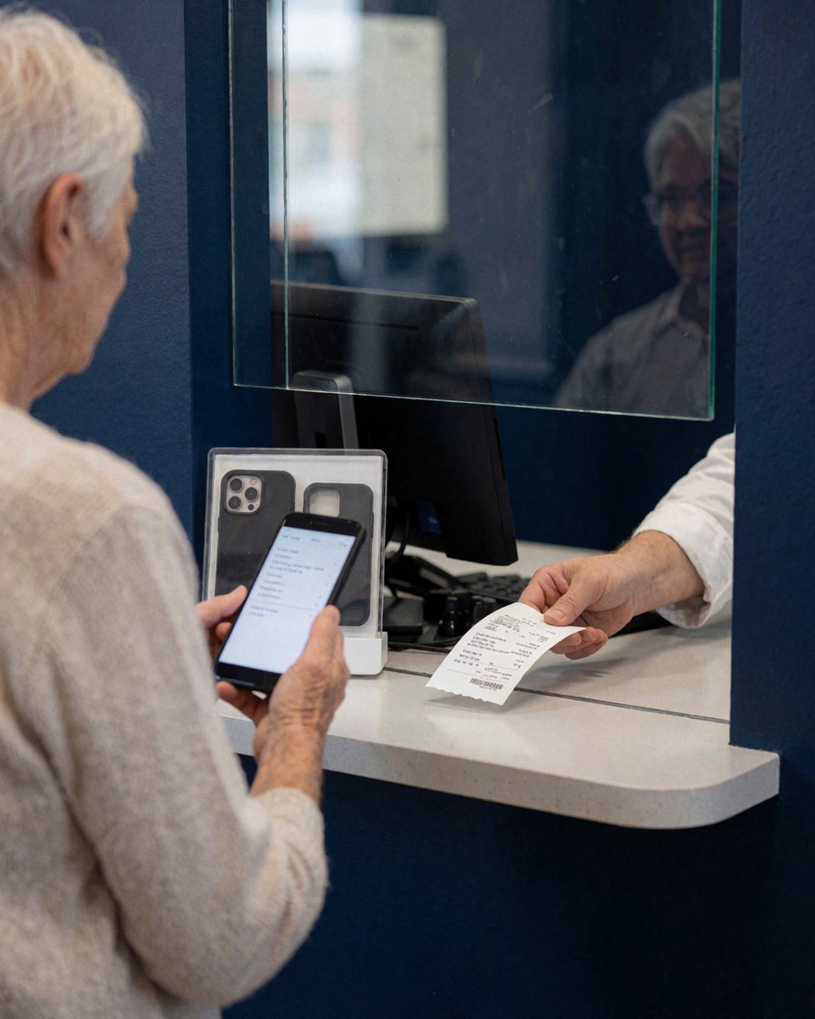 A customer receives a repair receipt at a service window with a dark blue wall.