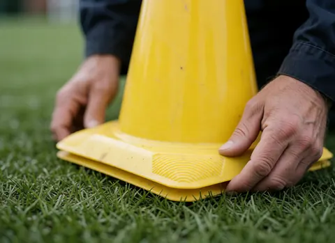 Close-up of hands positioning a yellow training cone on synthetic grass at a sports field