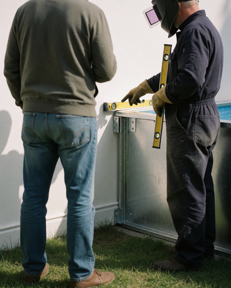 Worker in hard hat and gloves uses a level on a pool's metal frame while a client observes nearby in a garden.