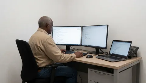 A man works at a desk with two computer monitors in a modern office setting suitable for coding course websites.