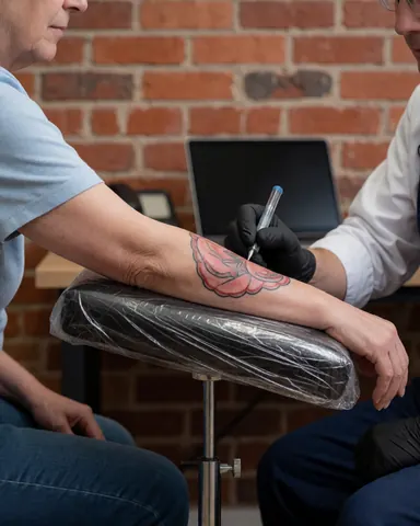 Tattoo artist wearing black gloves applies ink to a client's arm on a black rest in a studio with a red brick wall background