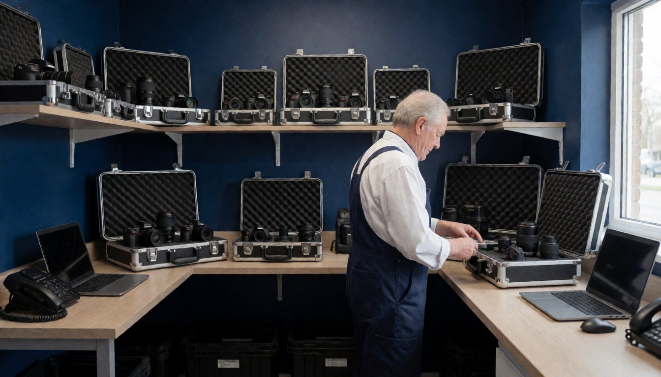 A documentary photographer inspects camera lenses inside equipment cases within a studio featuring blue walls and laptops.