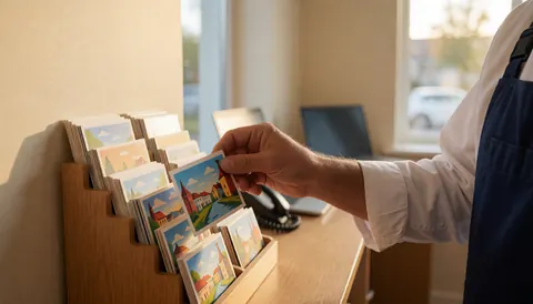 A hand picks a postcard from a wooden shelf in a hostel reception area with warm lighting and beige walls.