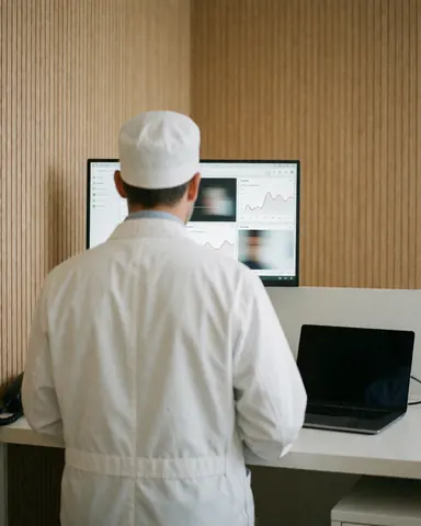 Back view of a dermatologist checking medical graphs on a screen in a modern clean office with light wood walls