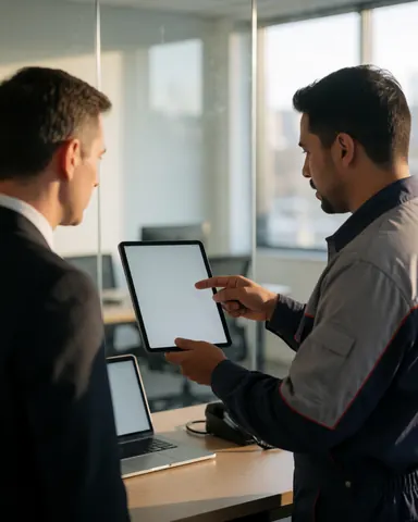 Security professional in uniform displays information on a tablet to a client in a modern office setting with natural light.