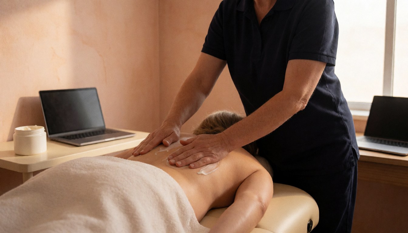 Therapist applying cream to a client's back while resting on a table in a room with terracotta plaster walls and natural light