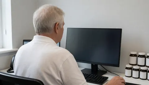 CrossFit receptionist working at a computer with supplements in an office with gray walls and natural light