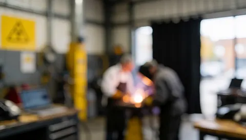 Industrial welding workshop background featuring welding sparks, metal structures, and a yellow warning sign, suitable for text overlay.