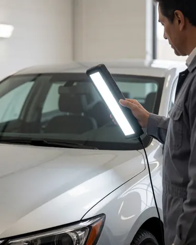 An inspector examines the paint on a white car using an LED flashlight in a clean, well-lit warehouse.
