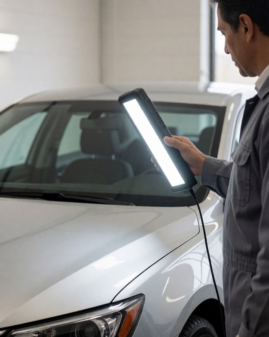 An inspector examines the paint on a white car using an LED flashlight in a clean, well-lit warehouse.