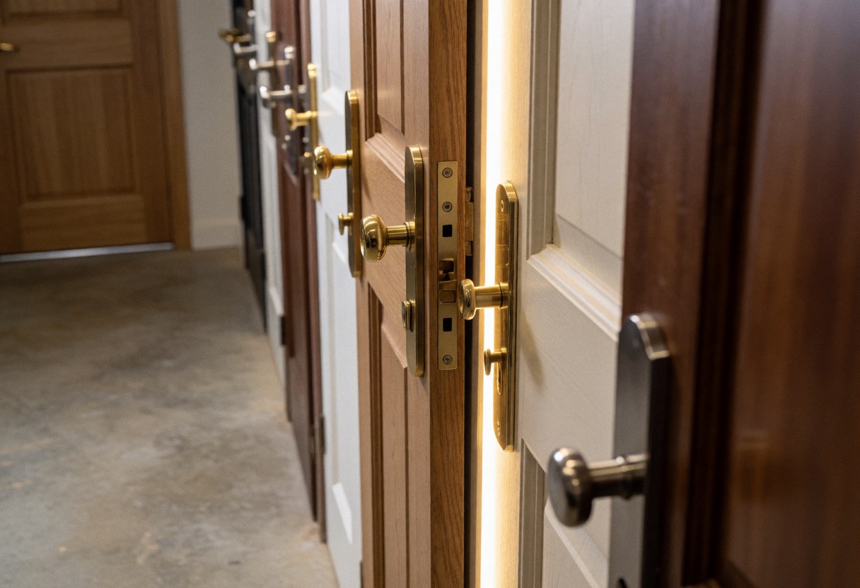 Close-up of metal locks and bronze handles on wooden doors inside a locksmith workshop with concrete floor and white walls