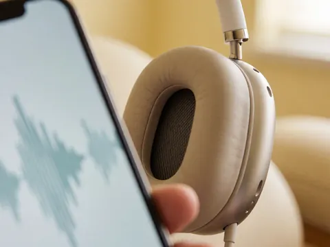 Close-up of a noise-cancelling headphone with leather texture resting on a therapy chair against a pale yellow wall, with a mobile phone displaying sound waves nearby.