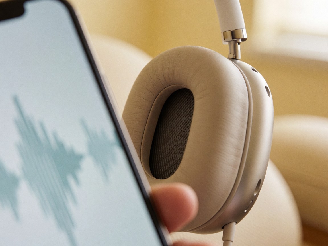 Close-up of a noise-cancelling headphone with leather texture resting on a therapy chair against a pale yellow wall, with a mobile phone displaying sound waves nearby.