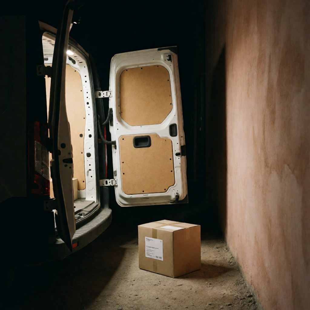 Shipping box with label beside open van rear door on street with terracotta wall, lit by interior light during night delivery scene