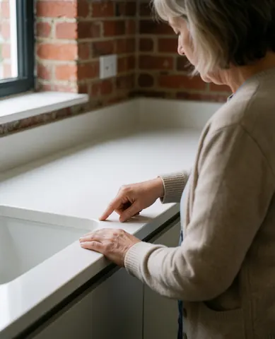 Adult customer touching white quartz countertop in kitchen with exposed brick wall and natural light, showing kitchen installation finish