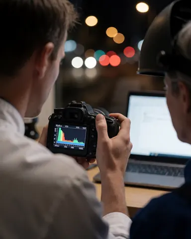 A customer reviews the histogram on a professional camera during a nighttime event with blurred background lights visible behind them.