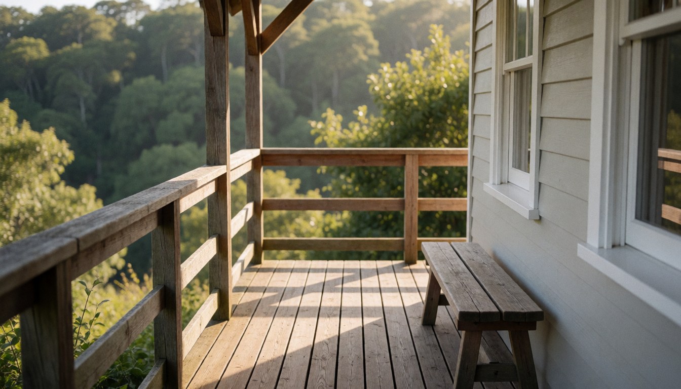 Wooden deck with bench, gray walls, and forest view, ideal for ecological park website hero section