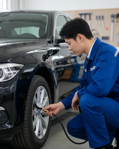 Technician in blue uniform uses a pressure gauge on a tire in a well-lit workshop with tools on the wall