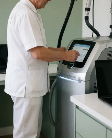 Staff member in white uniform adjusting the touch screen of a laser hair removal device in a clinic with green walls and clean furniture.